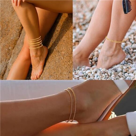 14K Gold/Sterling Silver Plated Anklet Bracelets for Women Waterproof Plus Size - Picture 4 of 7